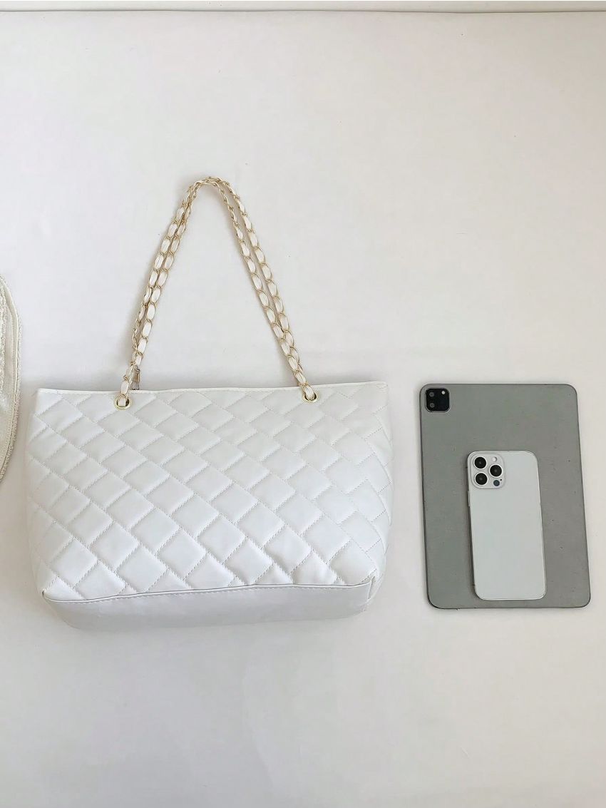 Large Quilted Shoulder Tote Bag White Chain Strap For Work