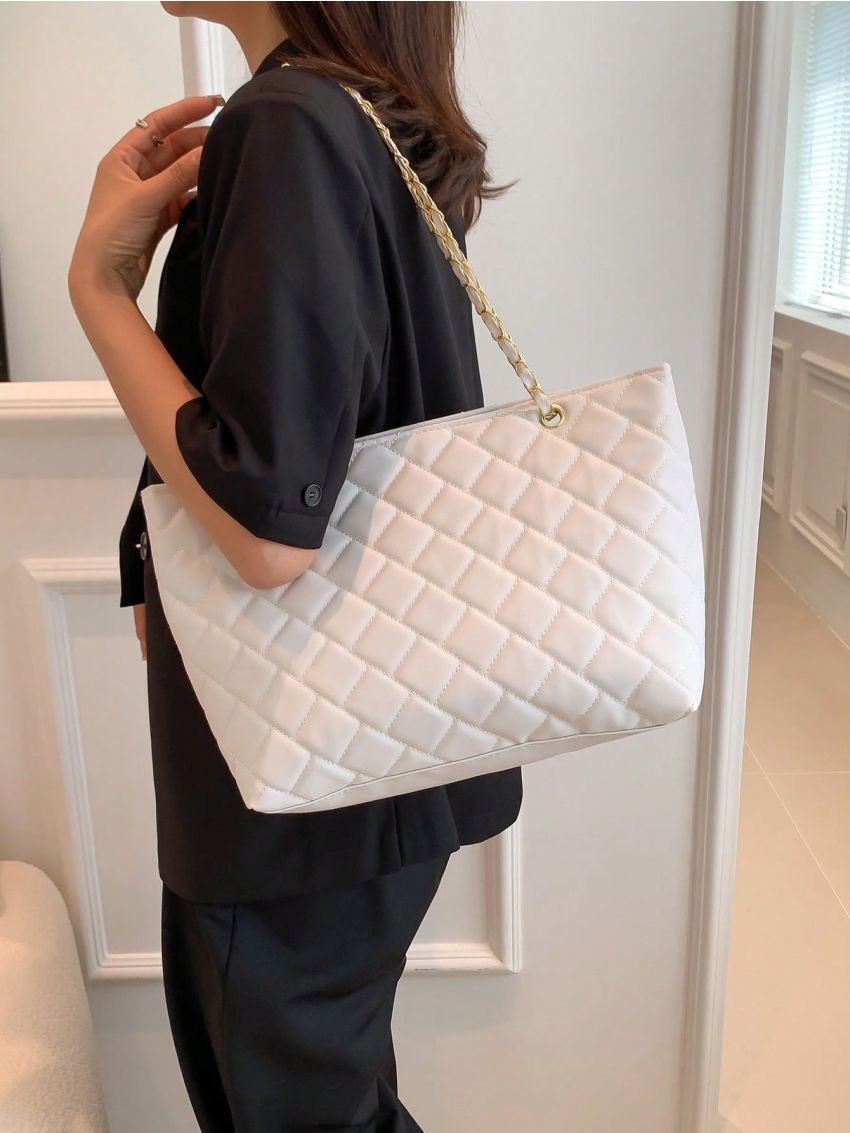 Large Quilted Shoulder Tote Bag White Chain Strap For Work