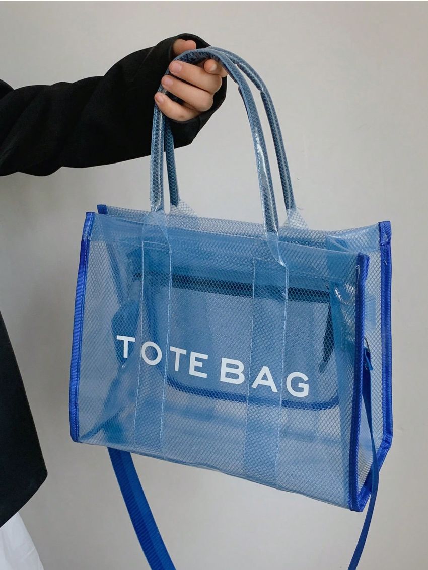 Letter Print Square Bag Double Handle PVC, Clear Bag