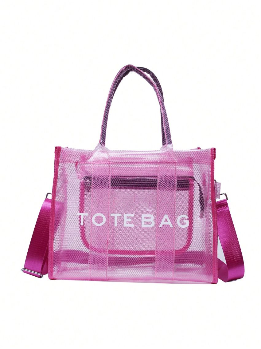 Letter Print Square Bag Double Handle Funky Style, Clear Bag