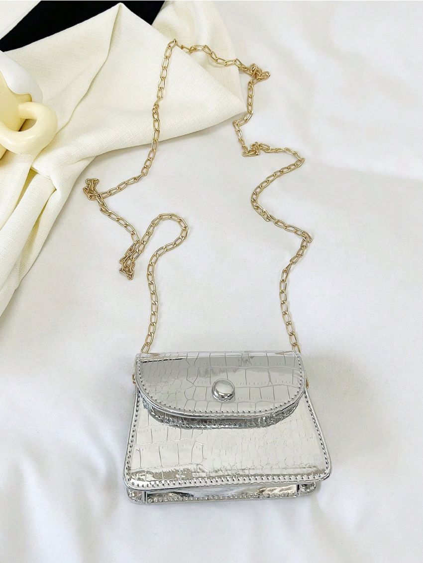 Mini Crocodile Embossed Square Bag Flap Metallic Funky