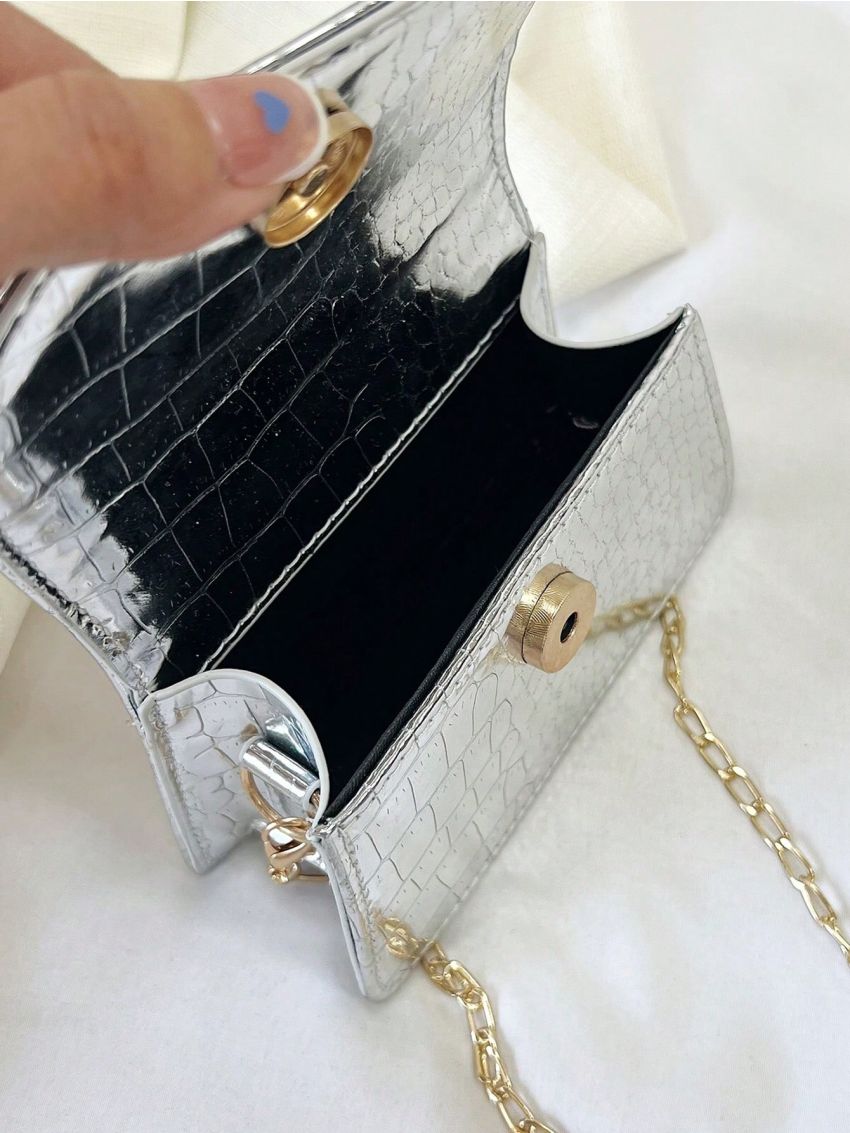 Mini Crocodile Embossed Square Bag Flap Metallic Funky