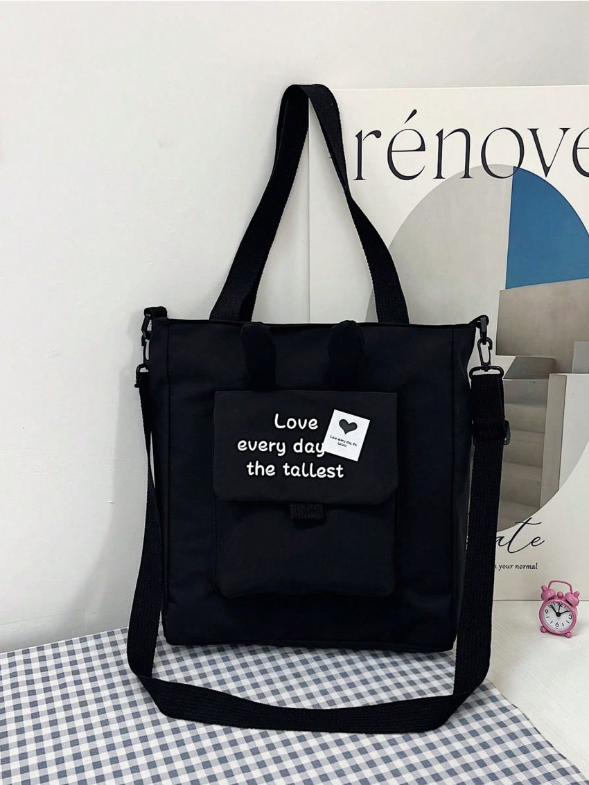 Small Shopper Bag Letter & Heart Graphic Pocket Front Preppy