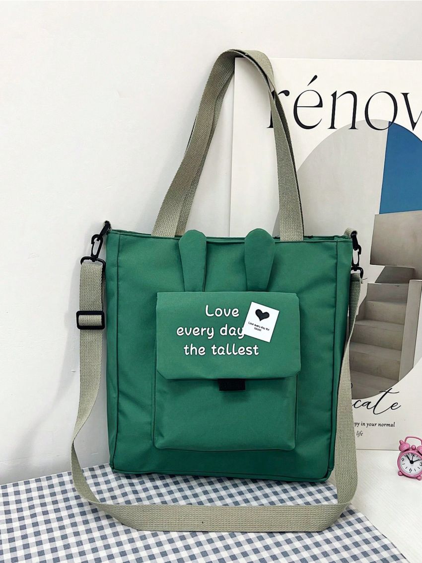 Small Shopper Bag Letter & Heart Graphic Pocket Front Preppy