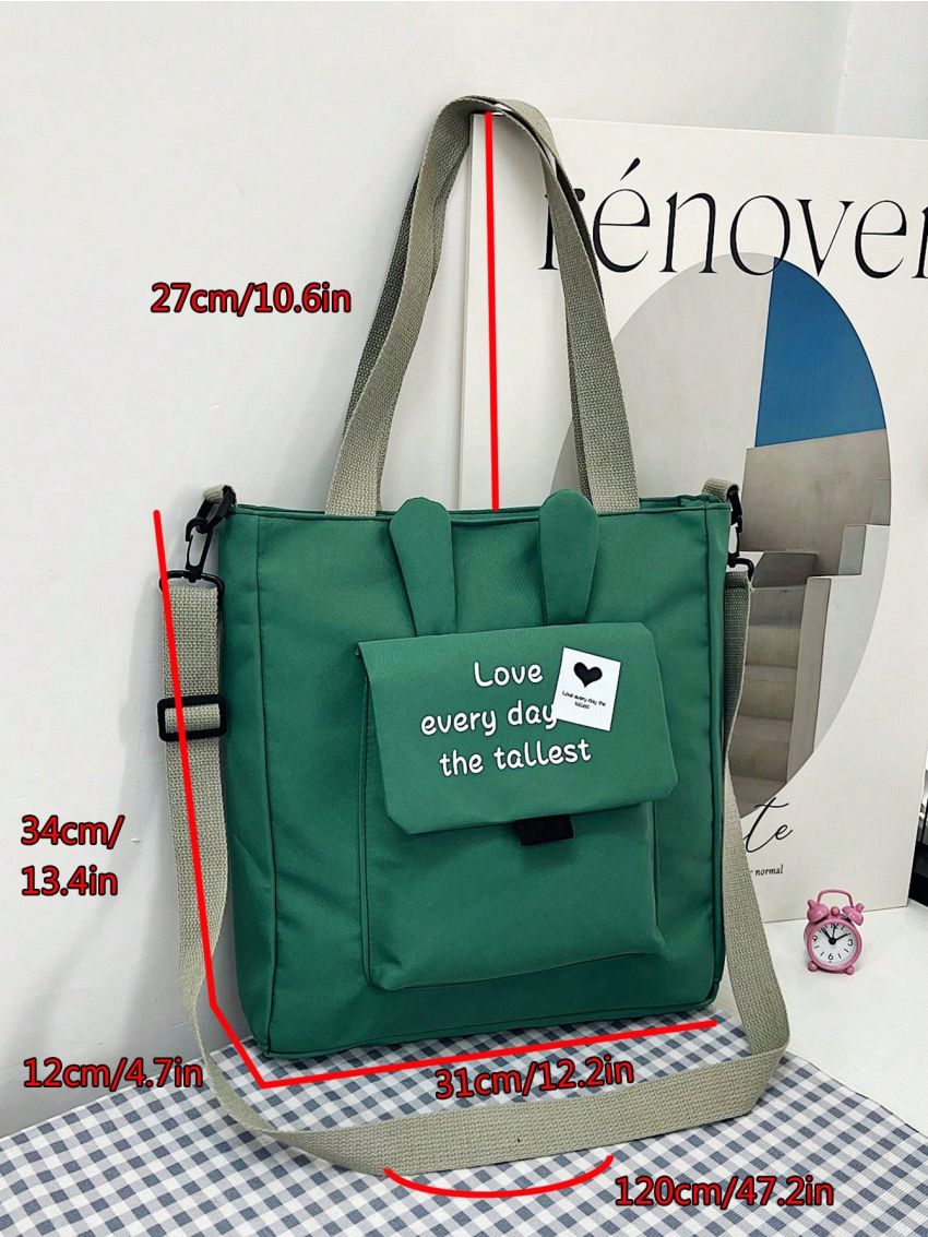 Small Shopper Bag Letter & Heart Graphic Pocket Front Preppy