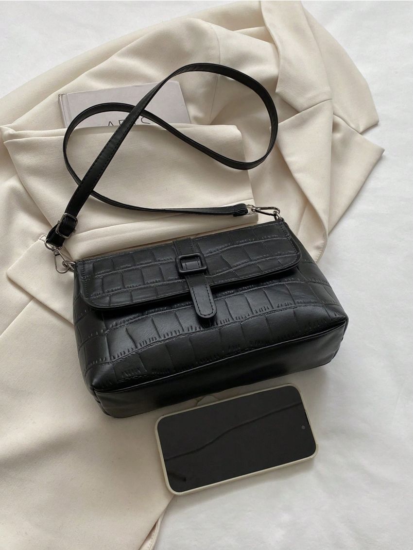 Small Flap Square Bag Crocodile Embossed Buckle Decor Black