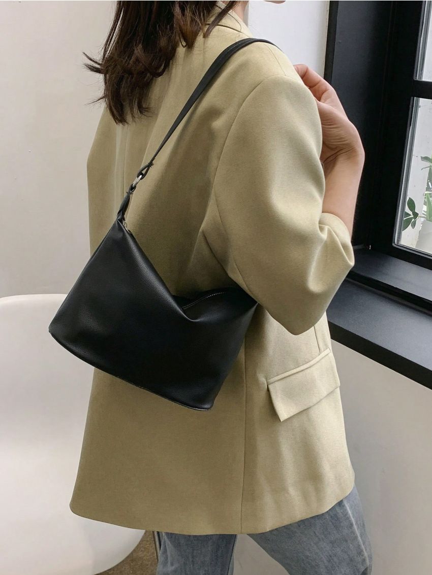 Small Bucket Bag Litchi Embossed Button Decor Black