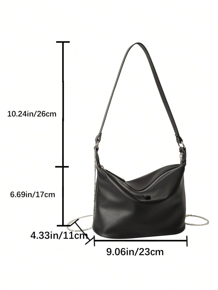 Small Bucket Bag Litchi Embossed Button Decor Black