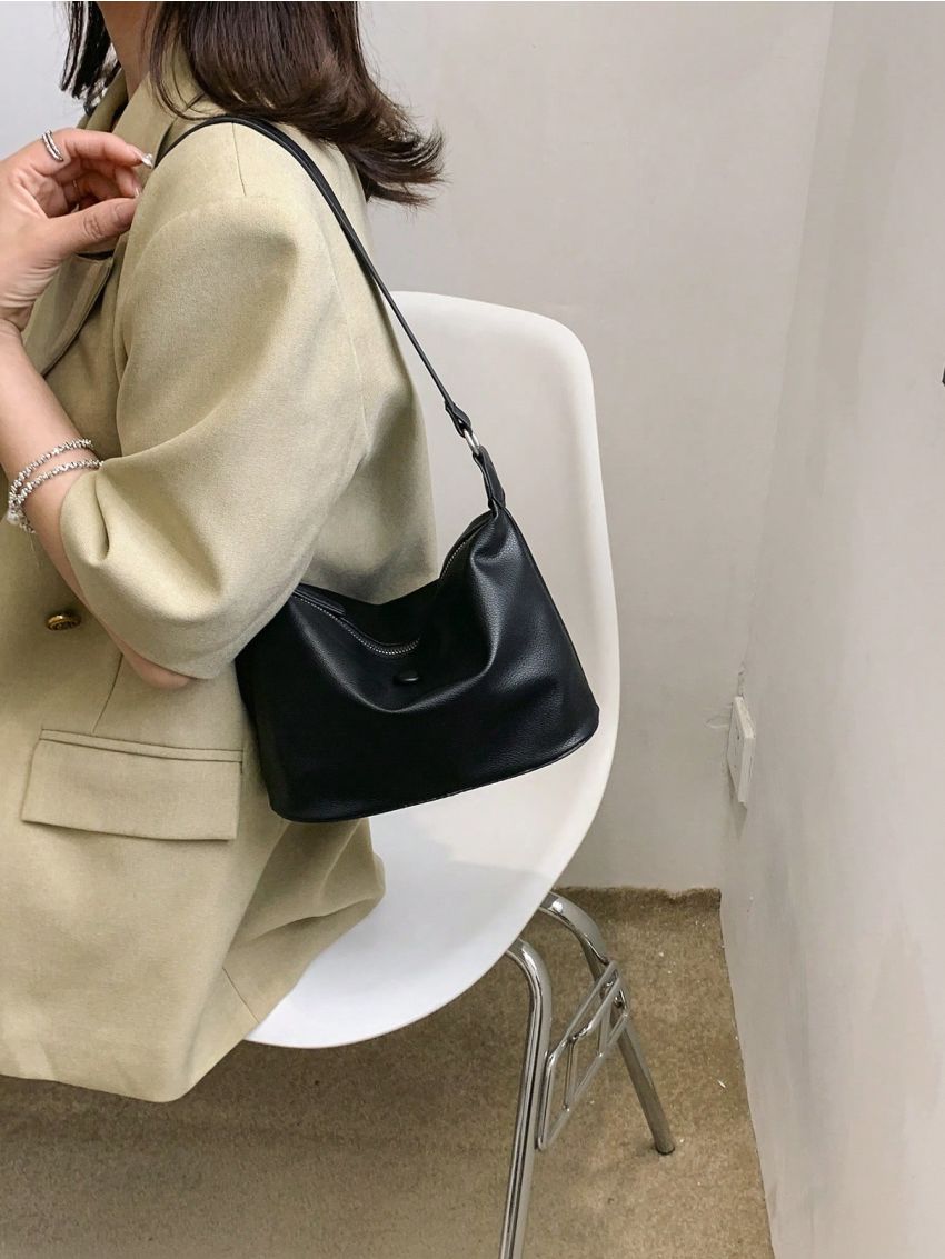 Small Bucket Bag Litchi Embossed Button Decor Black