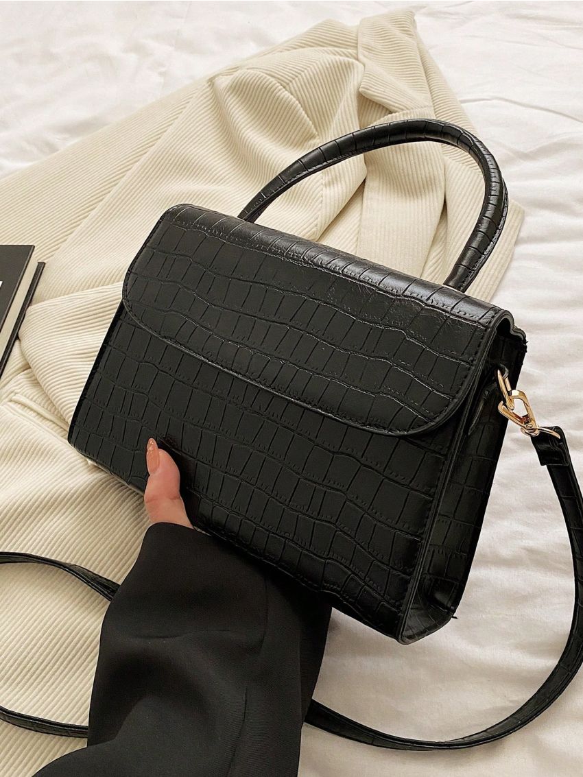 Medium Flap Square Bag Embossed Detail Minimalist Black