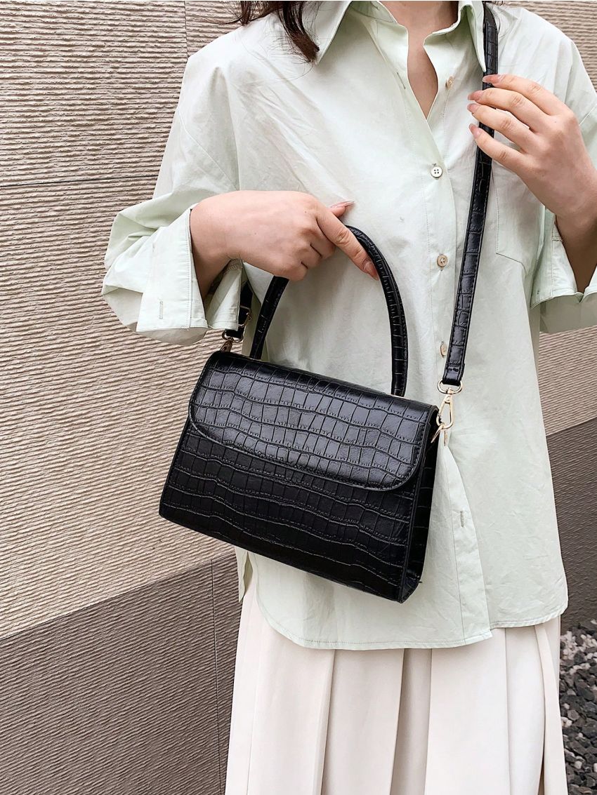 Medium Flap Square Bag Embossed Detail Minimalist Black