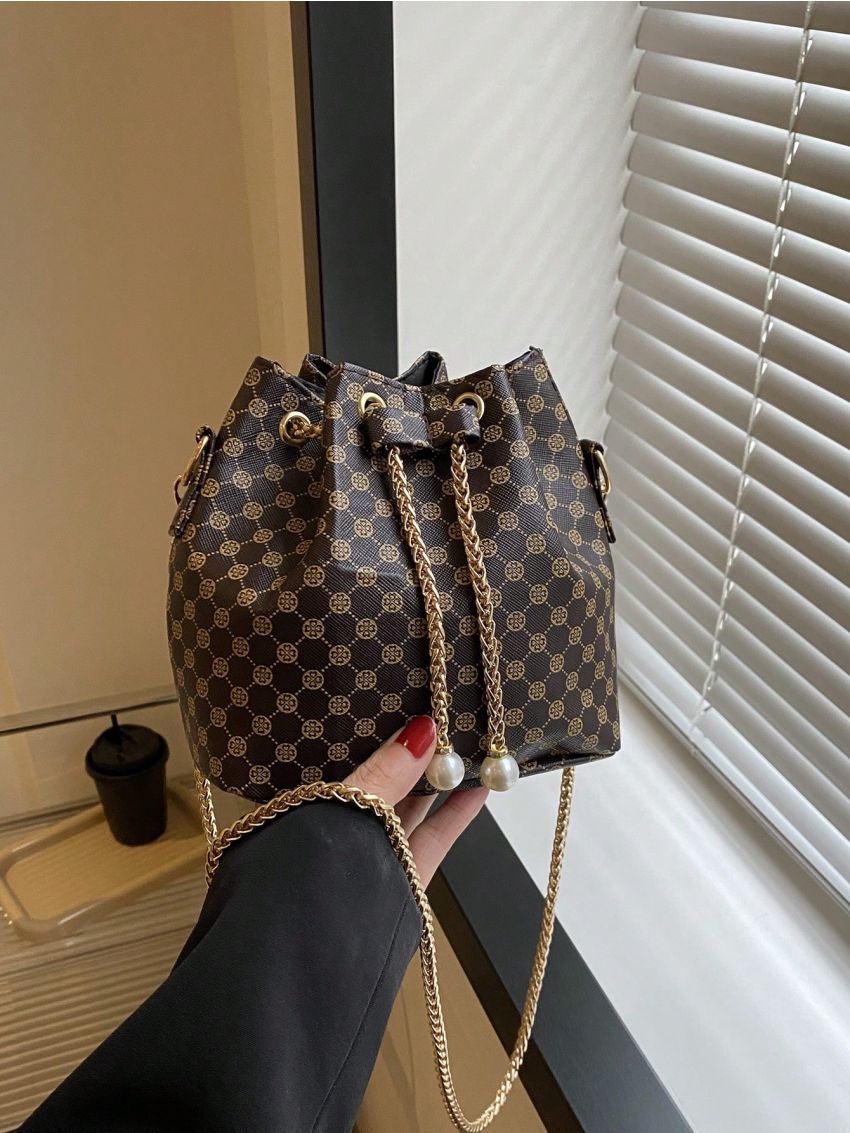 Mini Bucket Bag Geometric Pattern Drawstring Design Pearl Decor