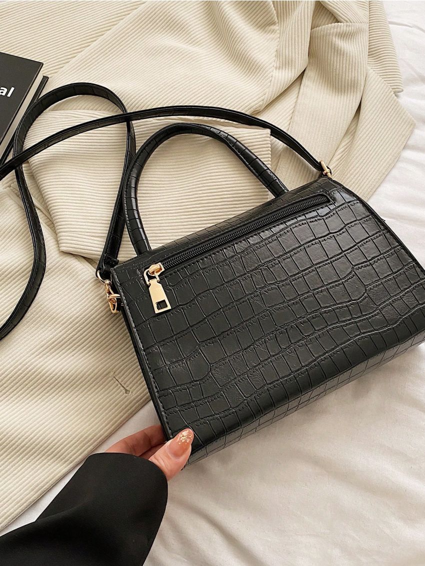 Medium Flap Square Bag Embossed Detail Minimalist Black