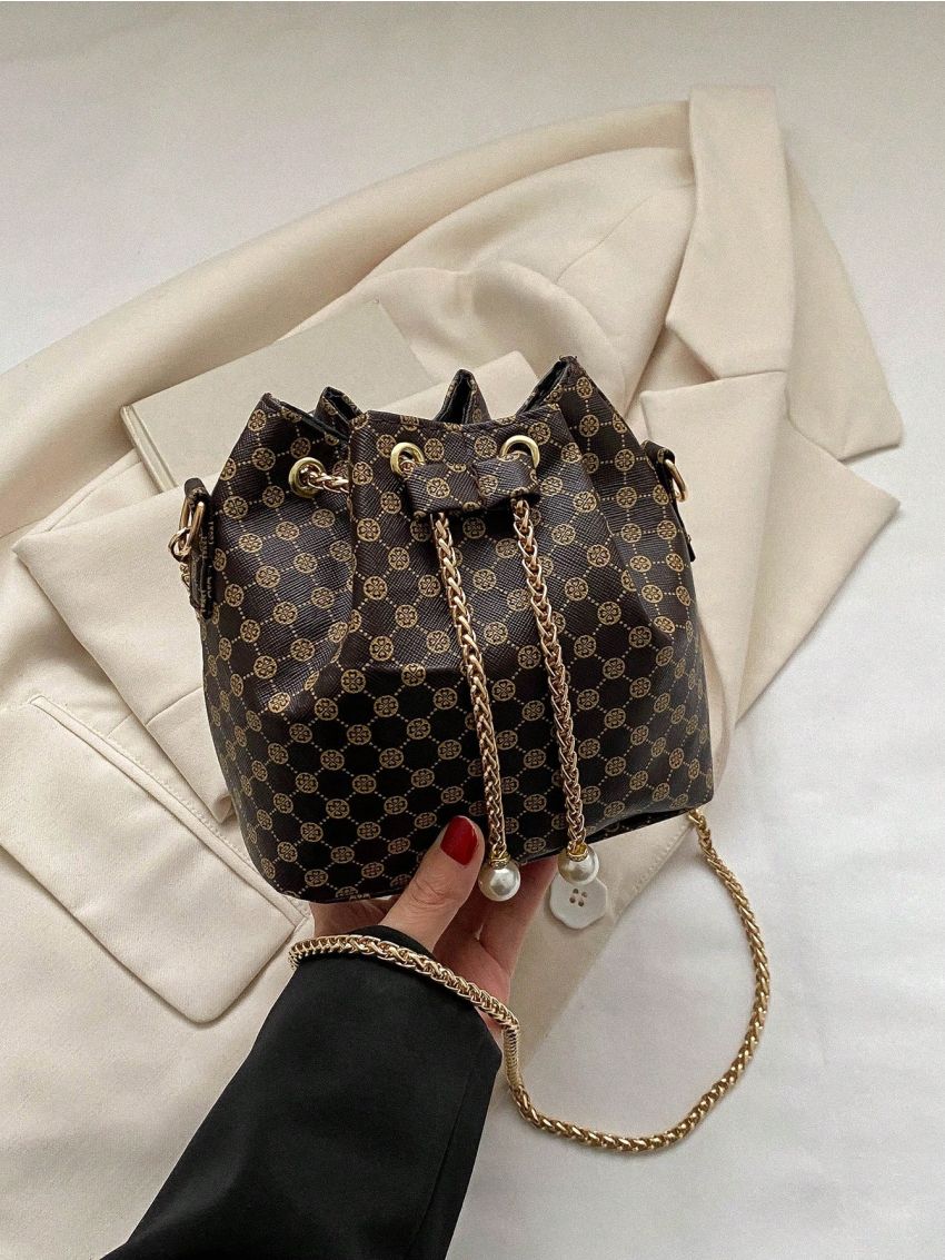 Mini Bucket Bag Geometric Pattern Drawstring Design Pearl Decor