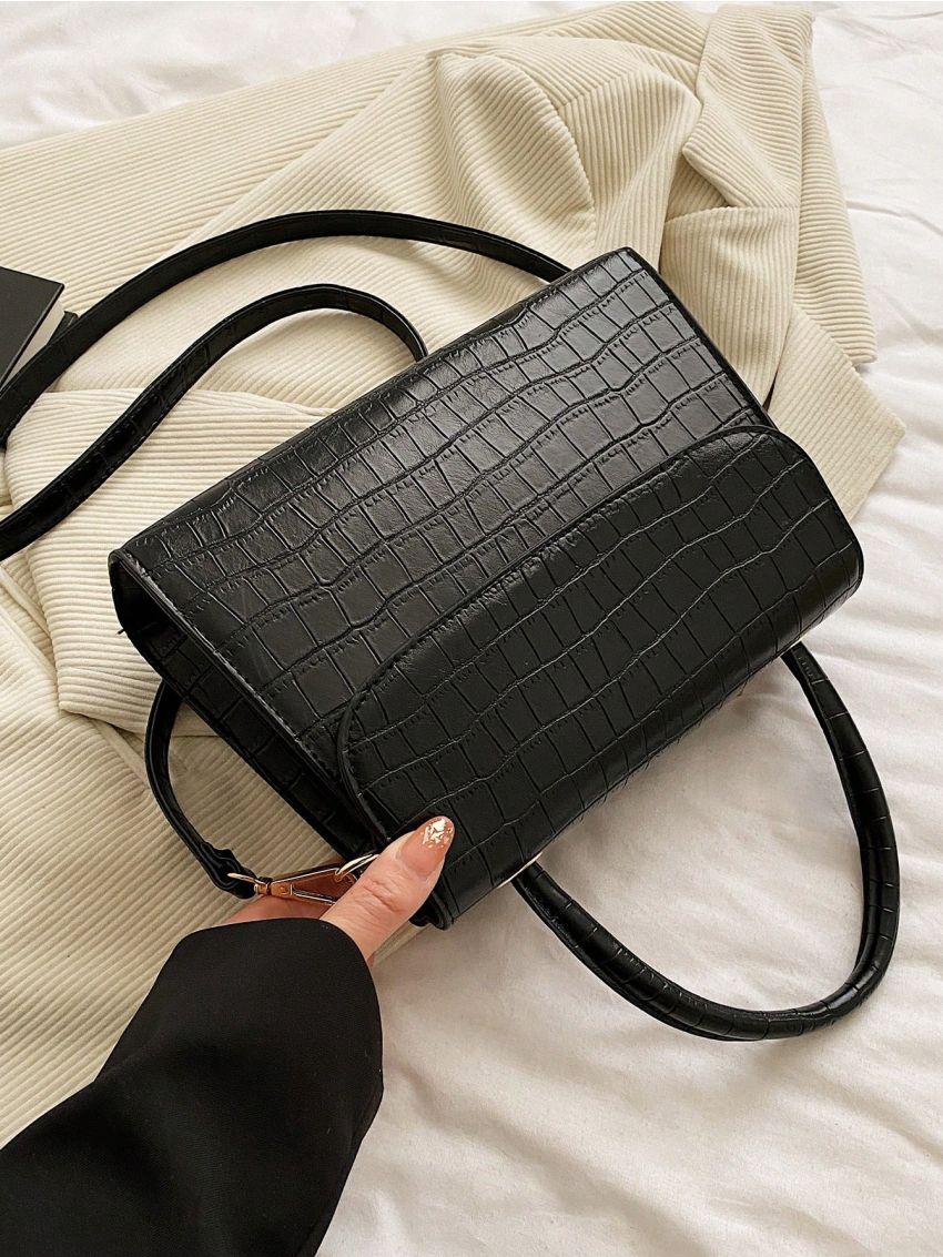 Medium Flap Square Bag Embossed Detail Minimalist Black