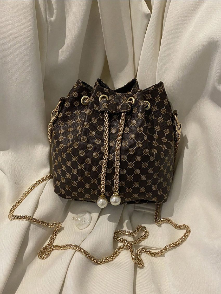 Mini Bucket Bag Geometric Pattern Drawstring Design Pearl Decor