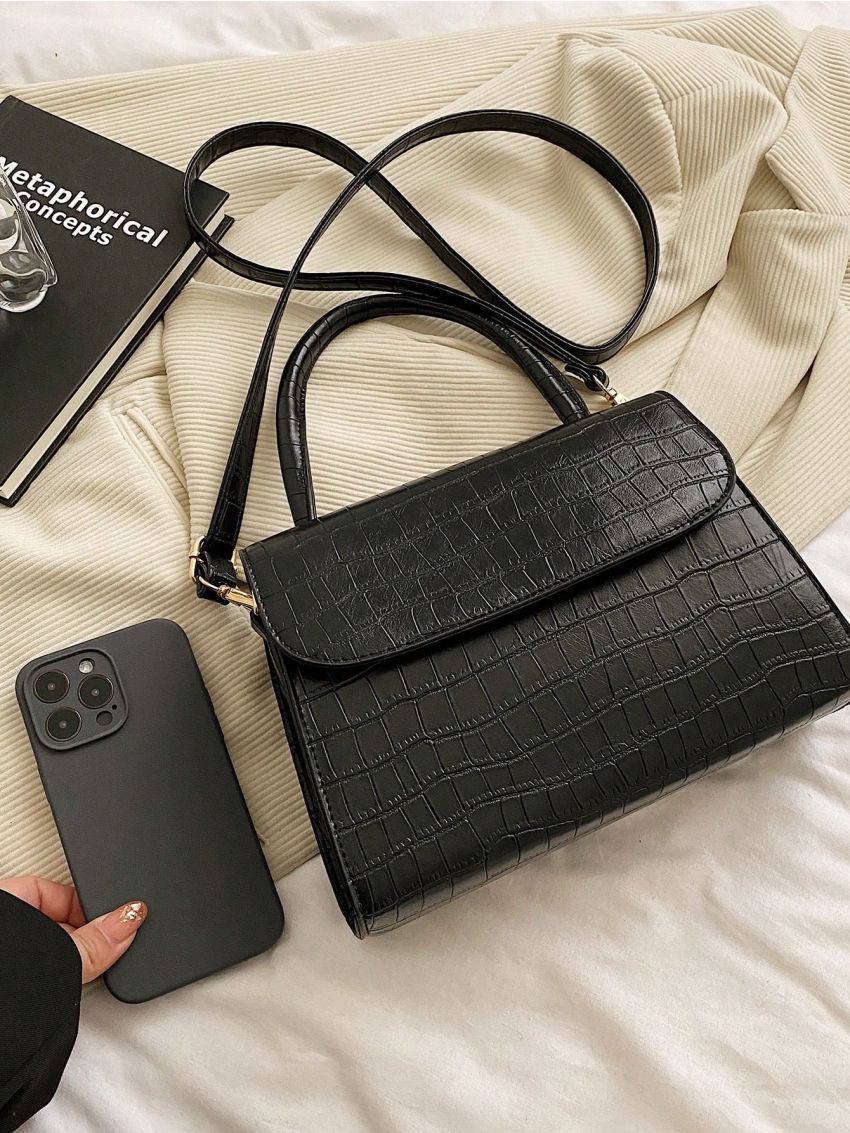 Medium Flap Square Bag Embossed Detail Minimalist Black