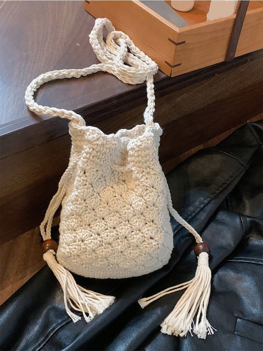 Mini Crochet Bag Tassel & Bead Decor Drawstring Design