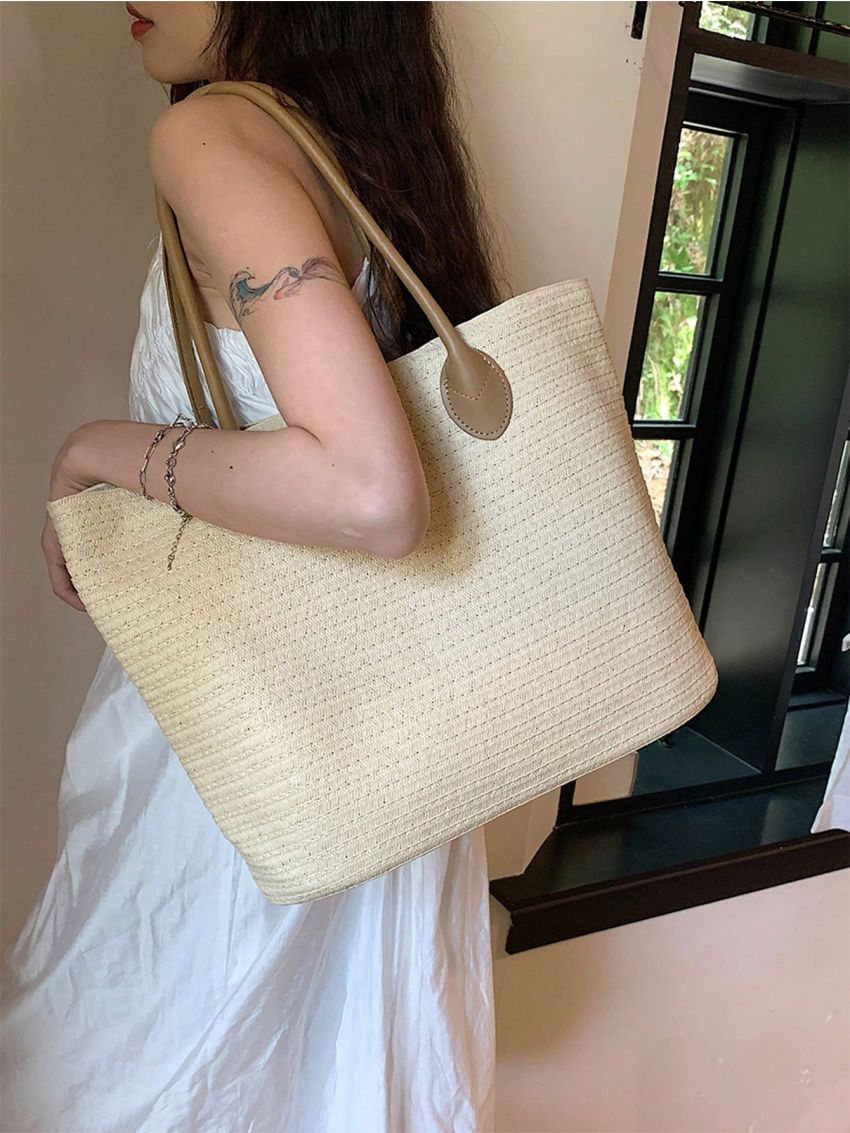 Large Straw Bag With Zipper Double Handle Vacation