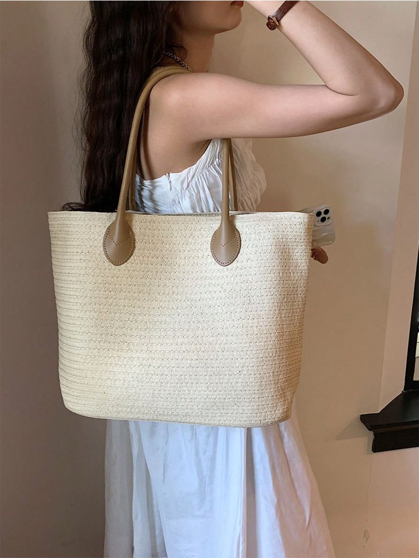 Large Straw Bag With Zipper Double Handle Vacation