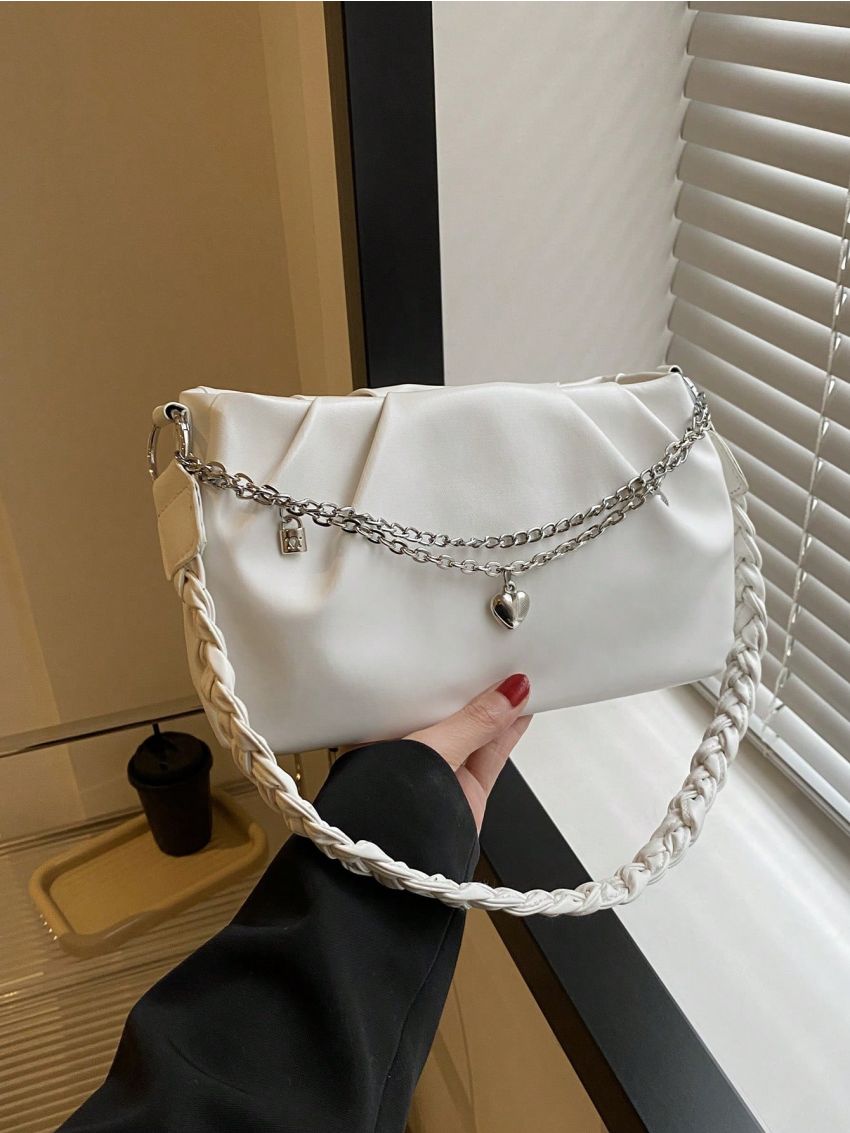 Small Square Bag Ruched Detail Chain & Heart Decor