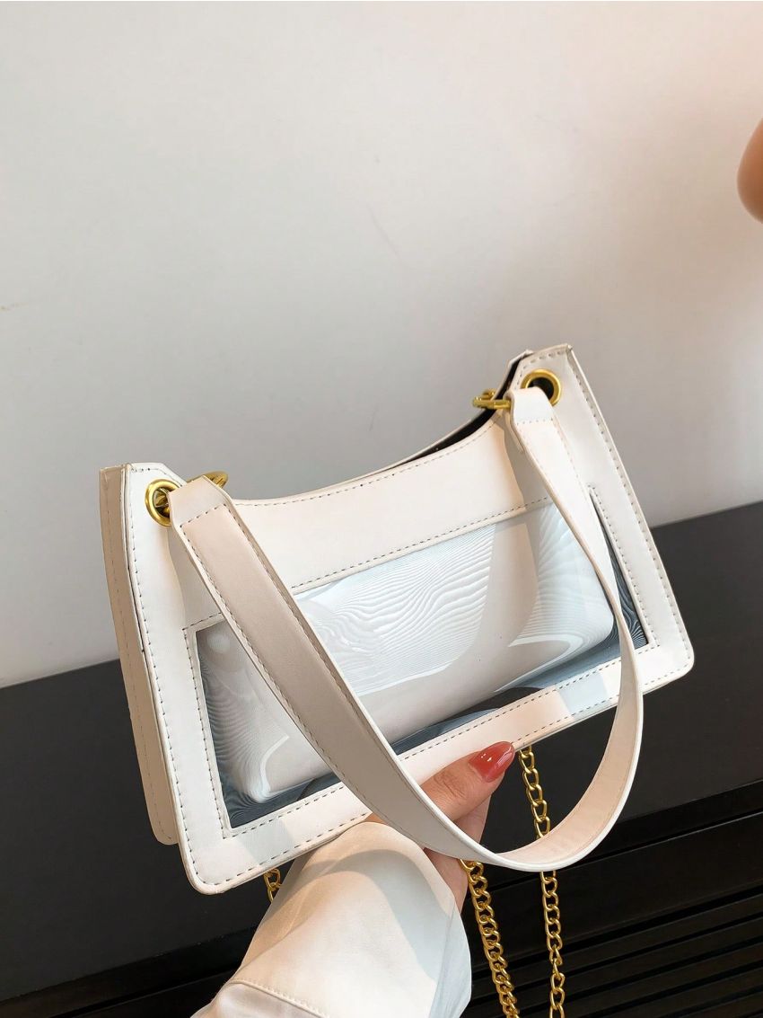 Beige Baguette Bag Chain Strap Fashionable With Inner Pouch