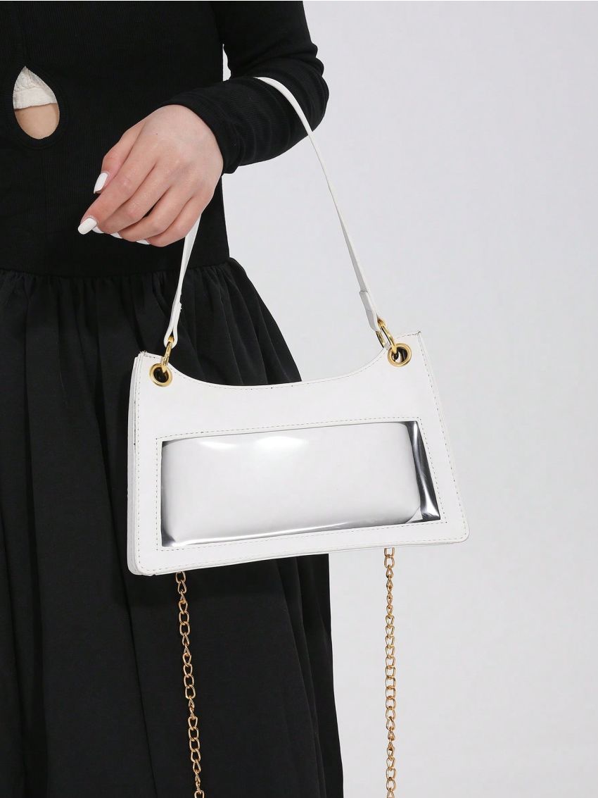 Beige Baguette Bag Chain Strap Fashionable With Inner Pouch