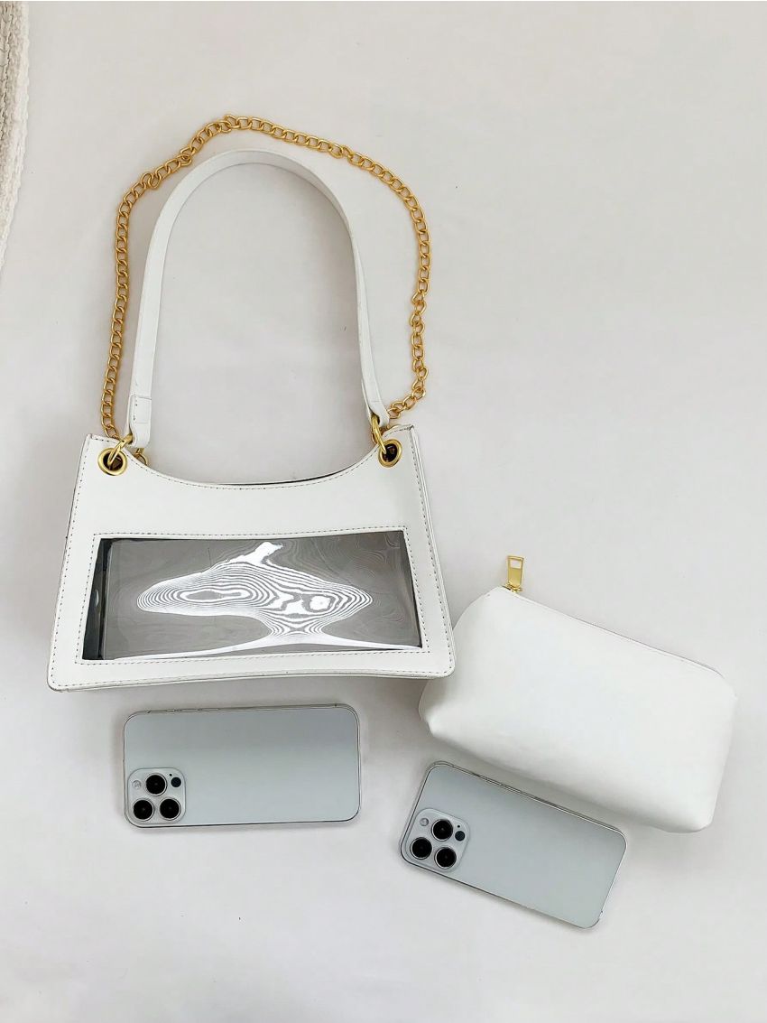 Beige Baguette Bag Chain Strap Fashionable With Inner Pouch