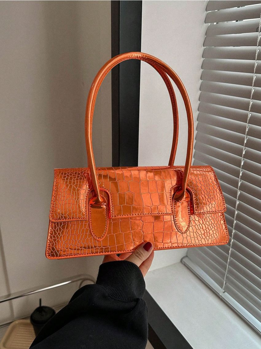 Crocodile Embossed Baguette Bag Orange Fashionable Flap