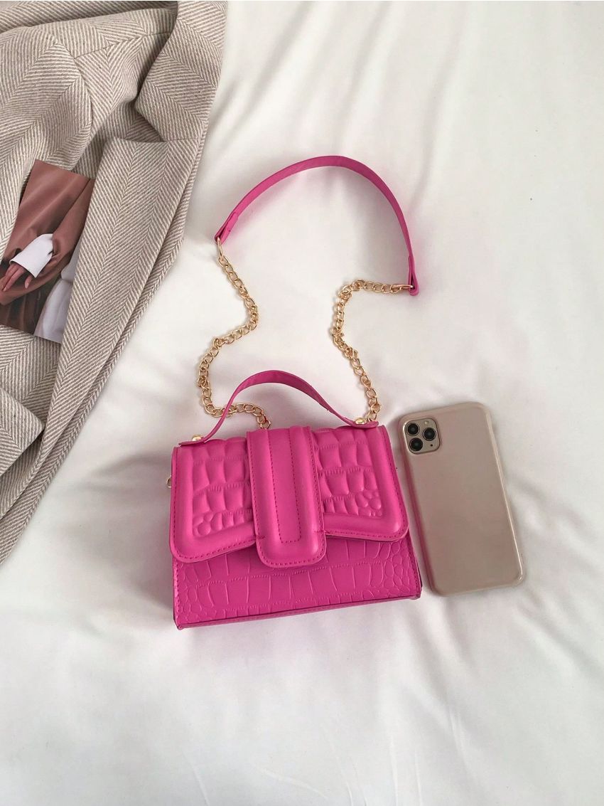 Mini Square Bag Crocodile Embossed Pink Fashionable Flap