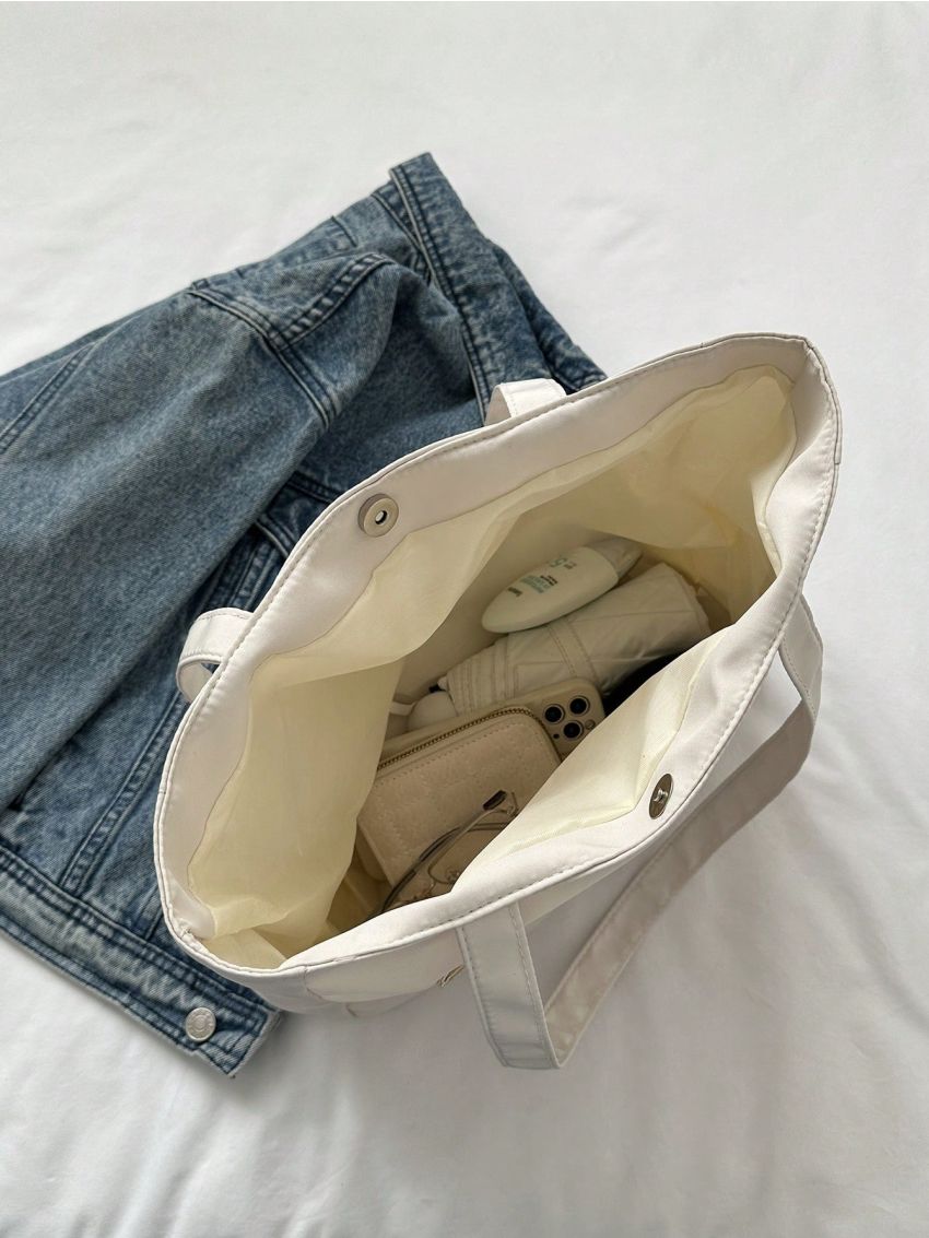 Letter Patch Shoulder Tote Bag White Double Handle For Daily