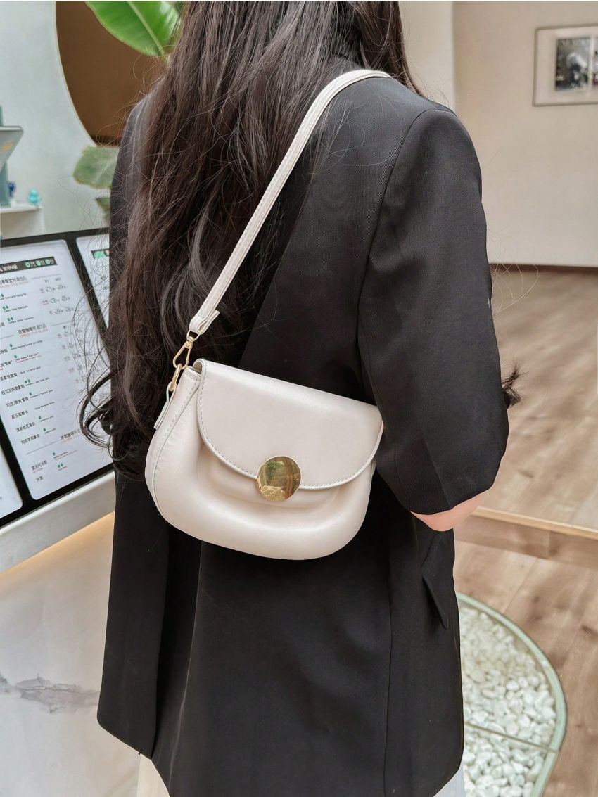 Mini Saddle Bag Beige Metal Decor Flap For Daily