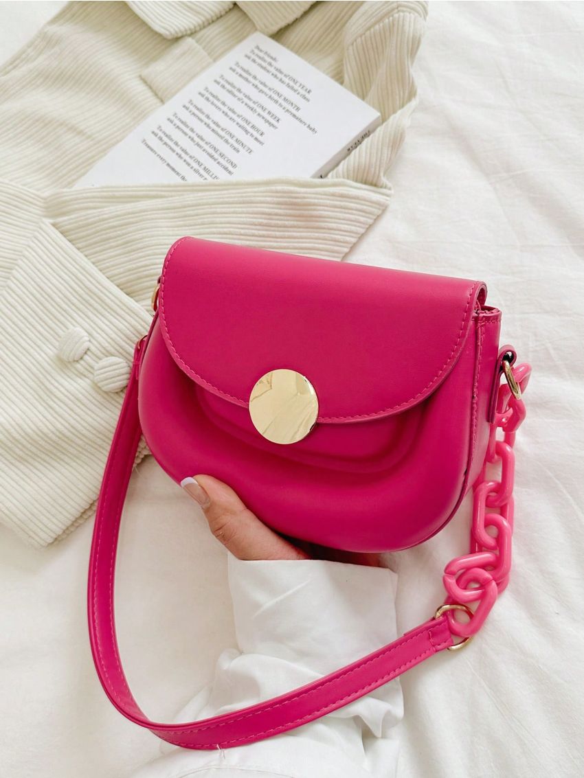 Mini Saddle Bag Hot Pink Metal Decor Flap Fashionable