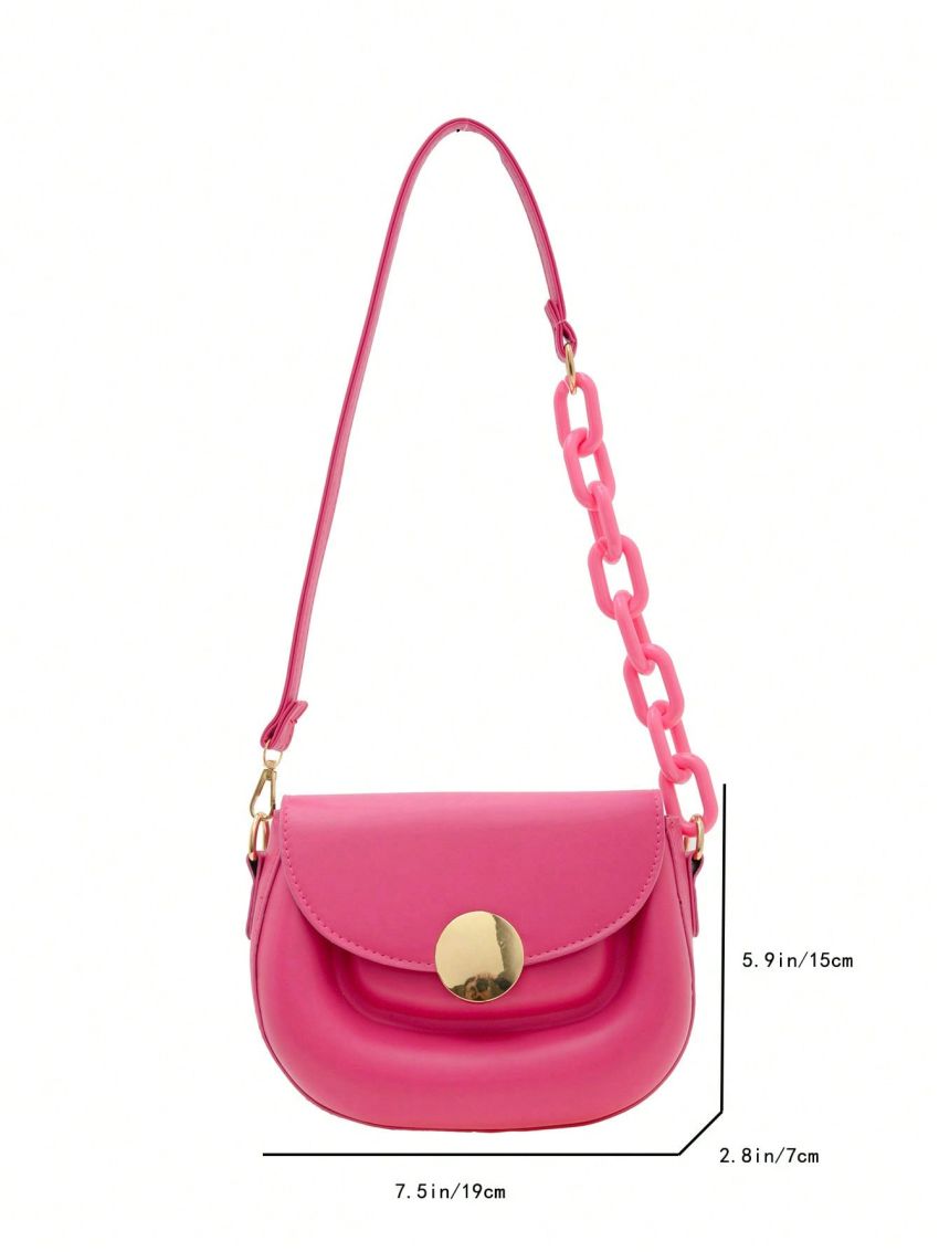 Mini Saddle Bag Hot Pink Metal Decor Flap Fashionable