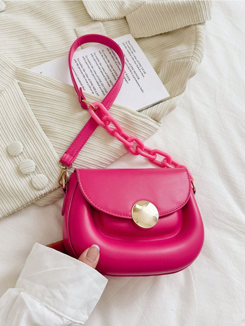 Mini Saddle Bag Hot Pink Metal Decor Flap Fashionable