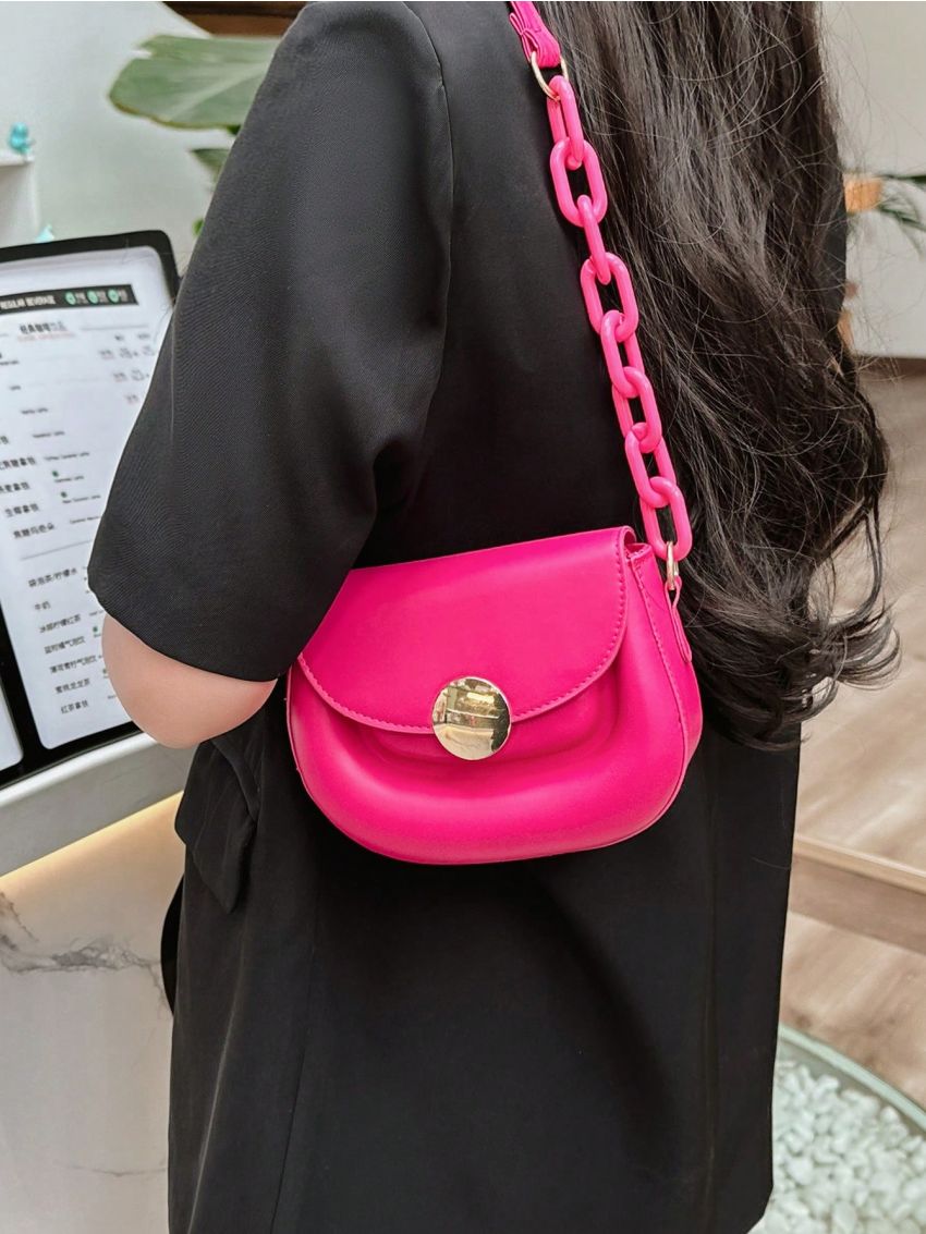 Mini Saddle Bag Hot Pink Metal Decor Flap Fashionable