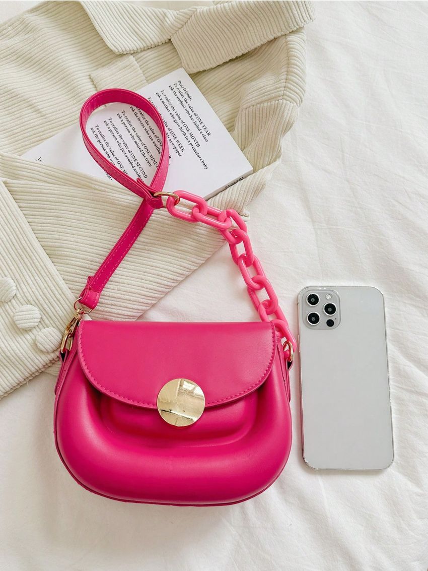 Mini Saddle Bag Hot Pink Metal Decor Flap Fashionable