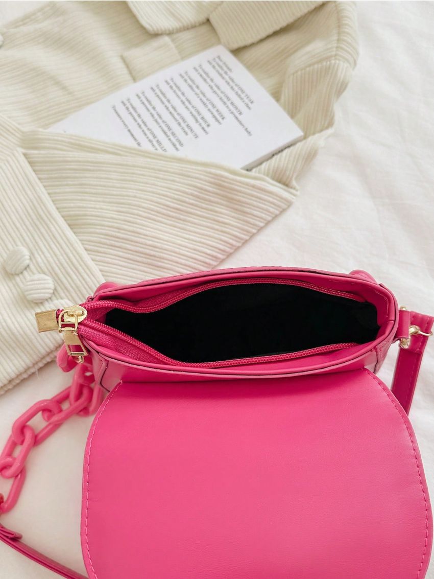 Mini Saddle Bag Hot Pink Metal Decor Flap Fashionable