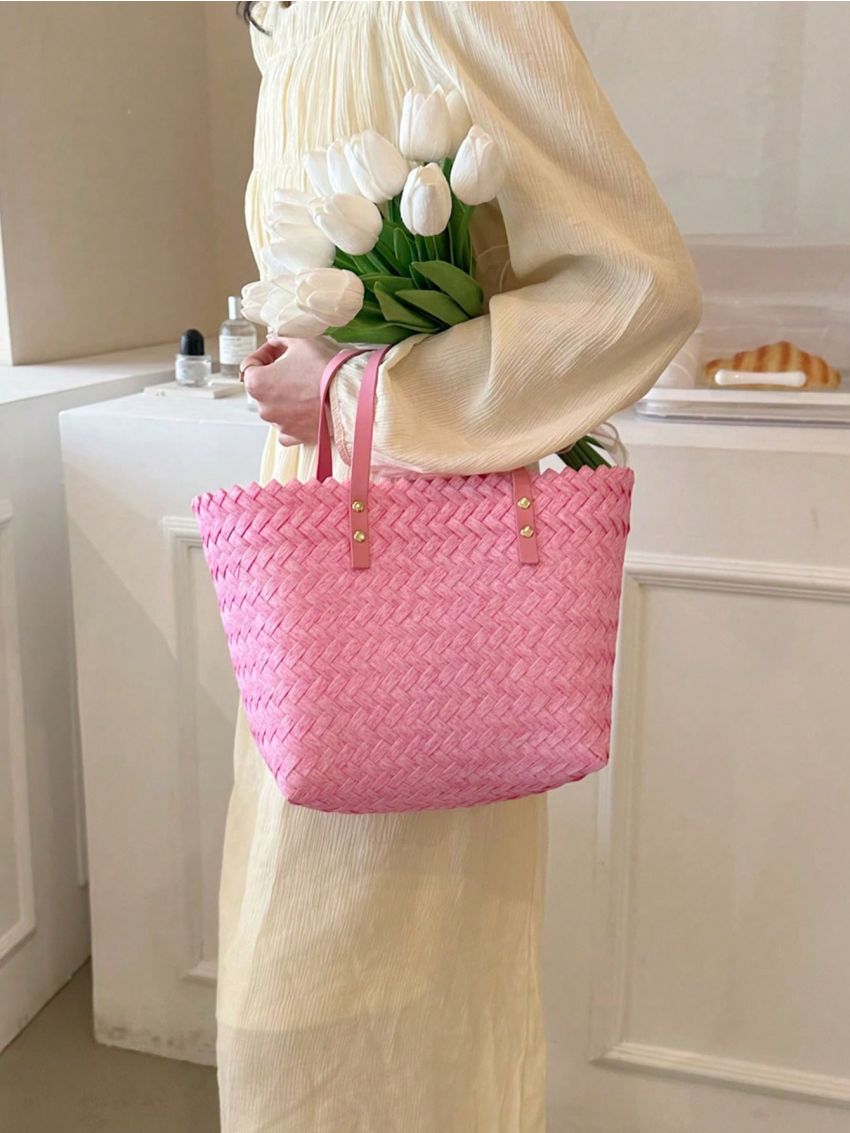 Fashion Straw Woven Large Capacity Shoulder Shopping Tote Women Beach Basket Handbag