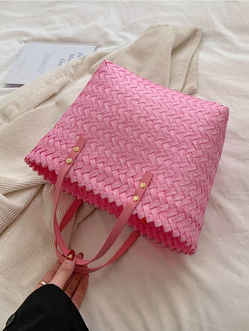 Fashion Straw Woven Large Capacity Shoulder Shopping Tote Women Beach Basket Handbag