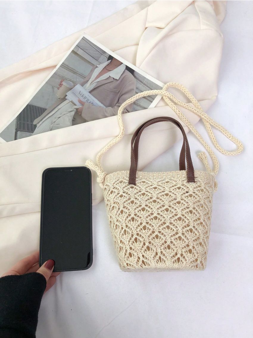Mini Crochet Bag Hollow Out Double Handle For Vacation