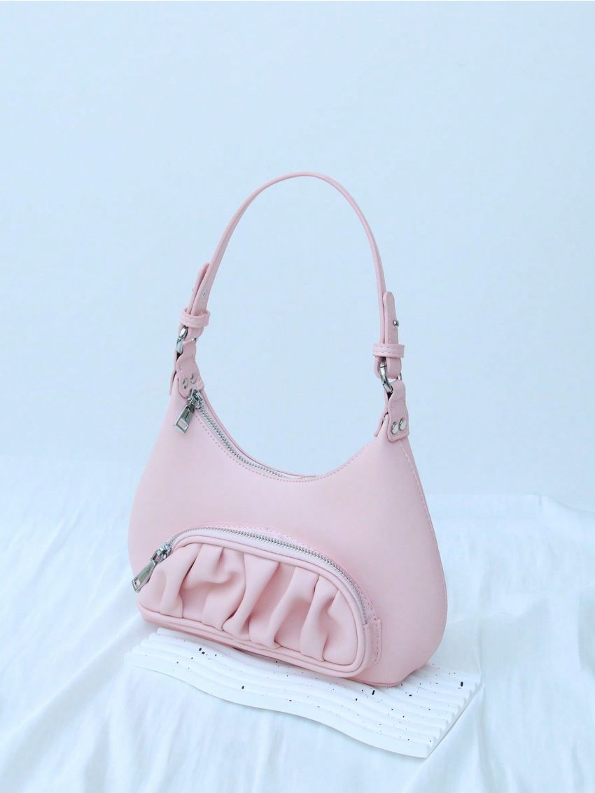 Baby Pink Hobo Bag Ruched Detail With Zipper For Daily