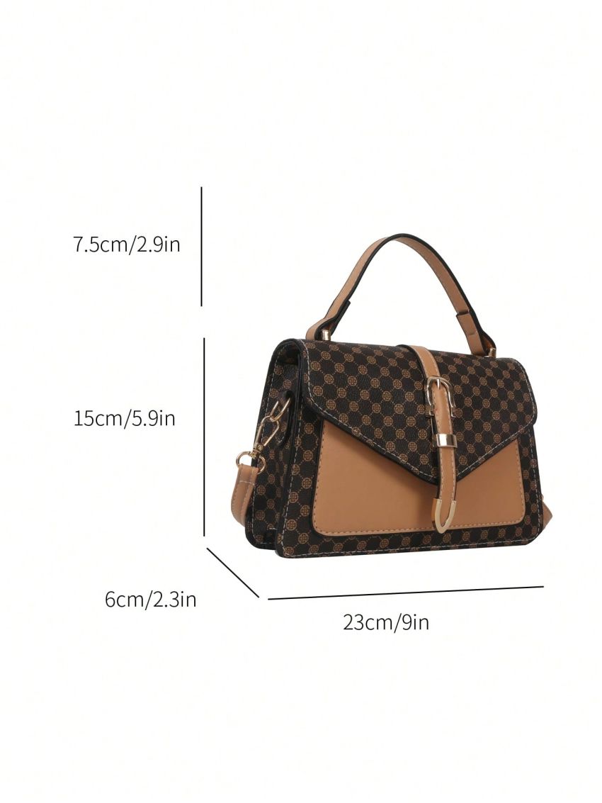 All Over Print Square Bag Colorblock Buckle Decor Flap For Work
