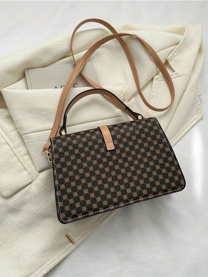 All Over Print Square Bag Colorblock Buckle Decor Flap For Work