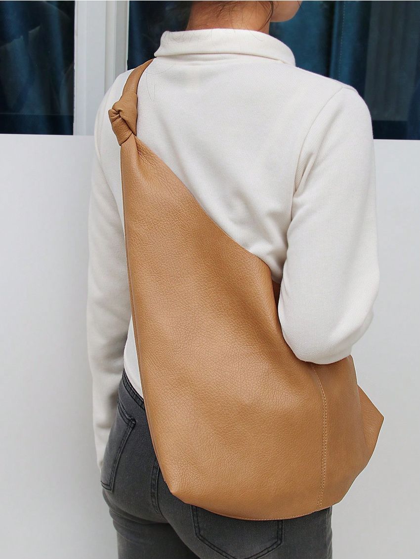 Litchi Embossed Hobo Bag Brown Large Capacity With Inner Pouch