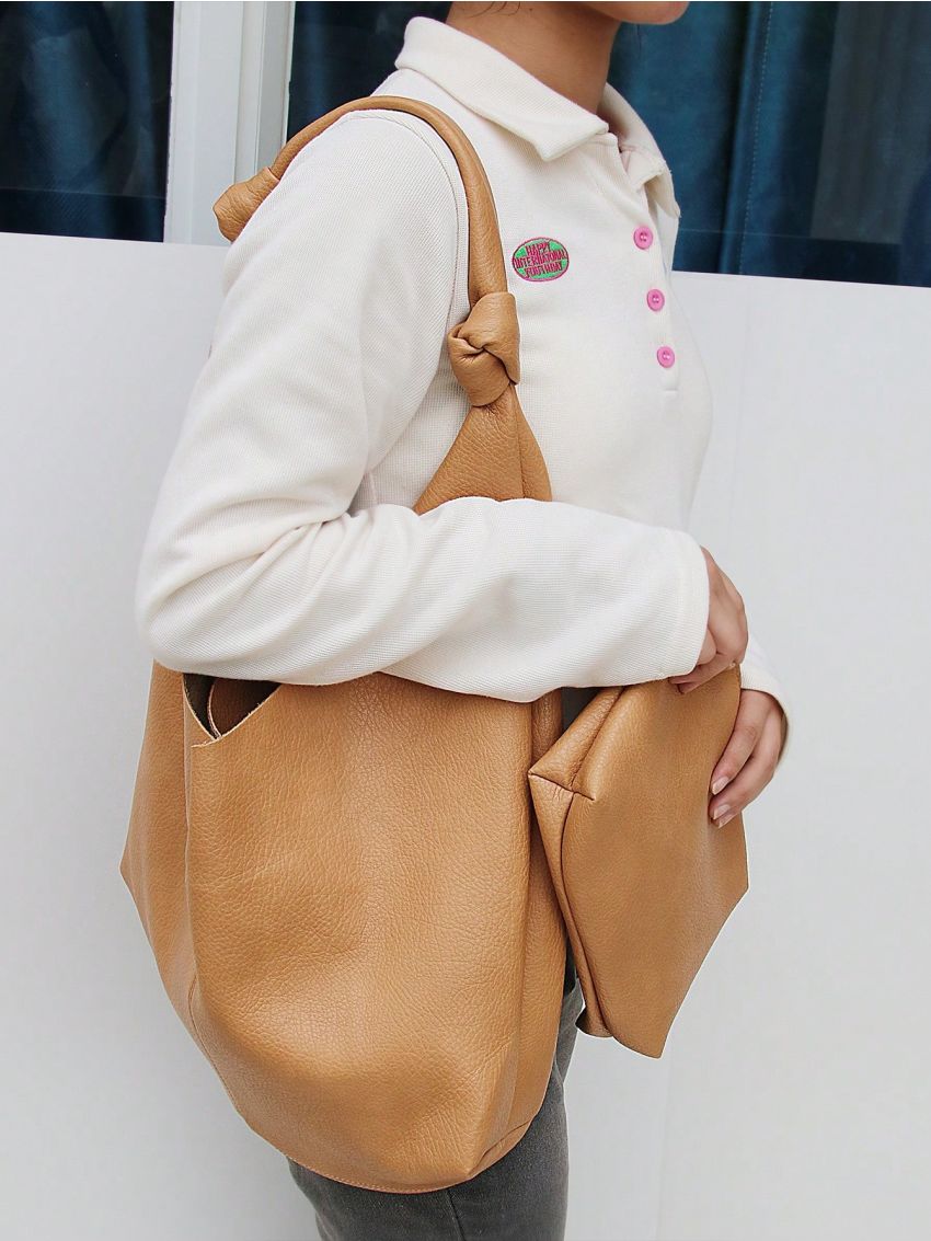 Litchi Embossed Hobo Bag Brown Large Capacity With Inner Pouch