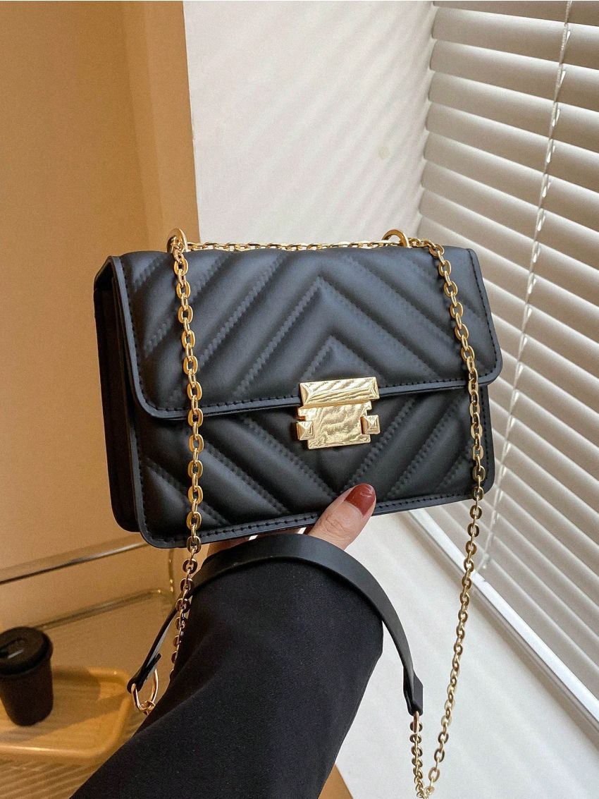 Chevron Pattern Square Bag Black Flap Chain Strap