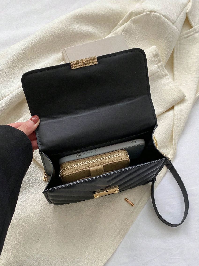Chevron Pattern Square Bag Black Flap Chain Strap