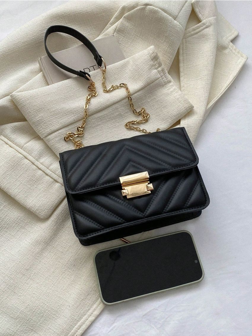 Chevron Pattern Square Bag Black Flap Chain Strap