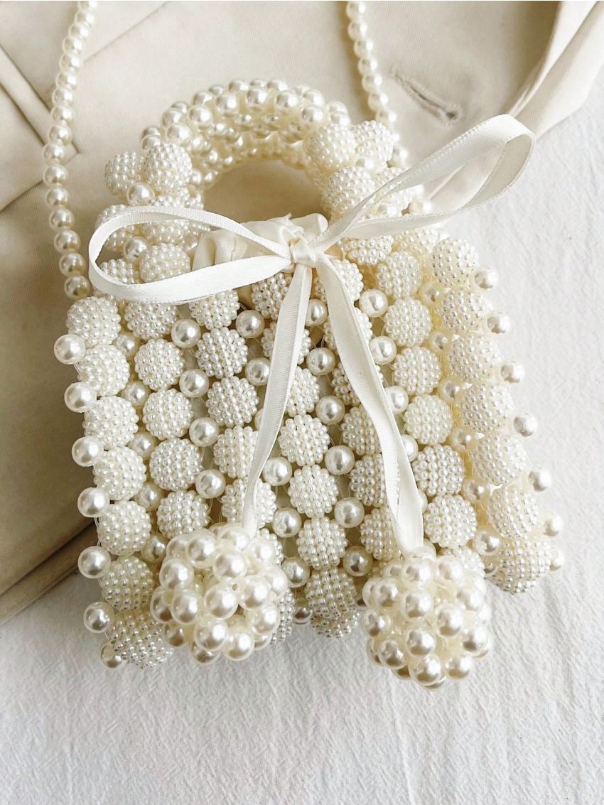 Mini Beaded Square Bag Faux Pearl Decor Double Handle